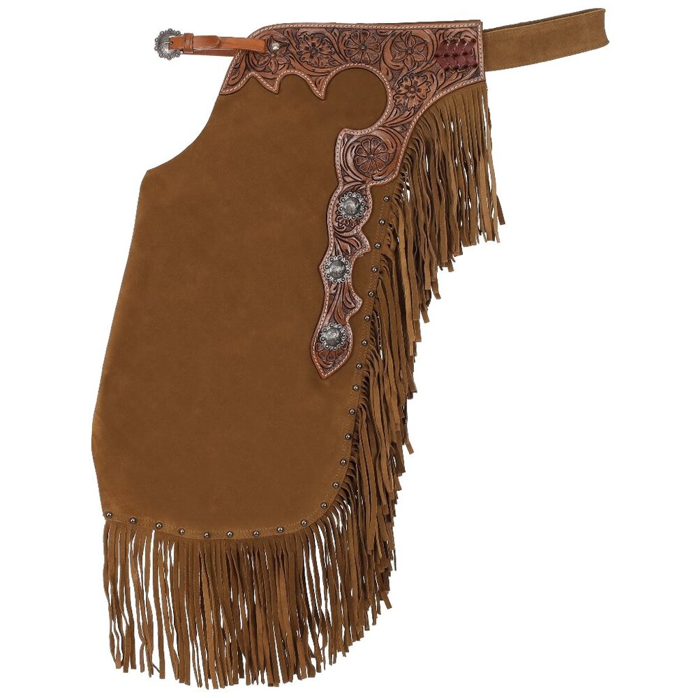 Chestnut Suede Roughout Leather Tooled Chinks with Conchos Adjustable